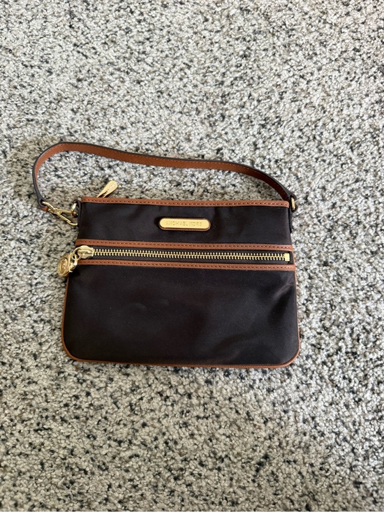 Michael Kors Handbags - Michael Kors Dark Brown Nylon Wristlet with Tan Trim and Gold Hardware